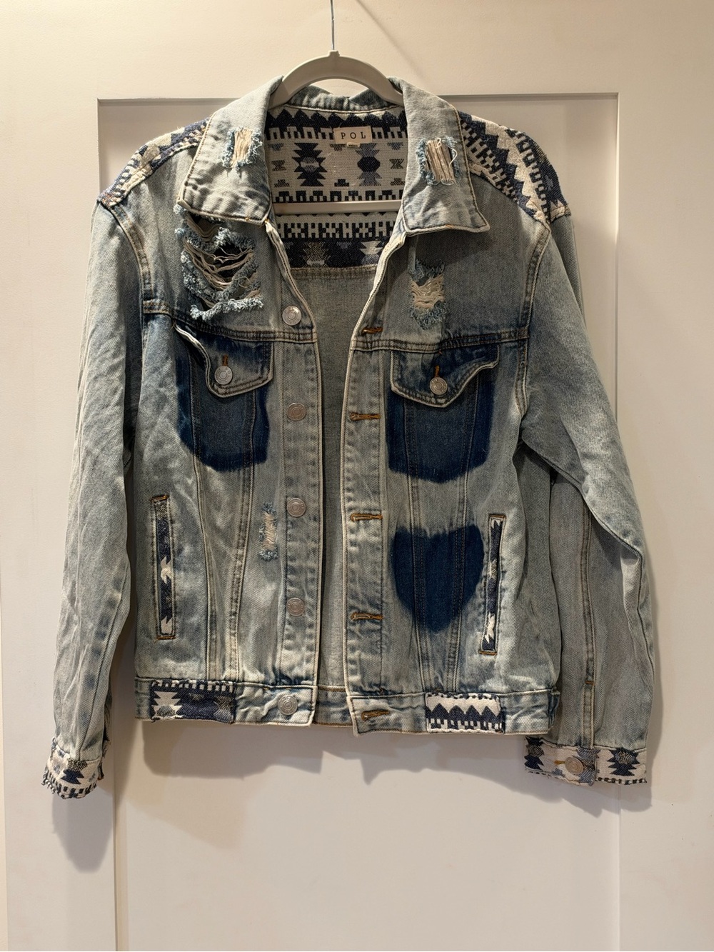 POL Distressed Aztec Tapestry Denim Jacket Oversized Size Small
